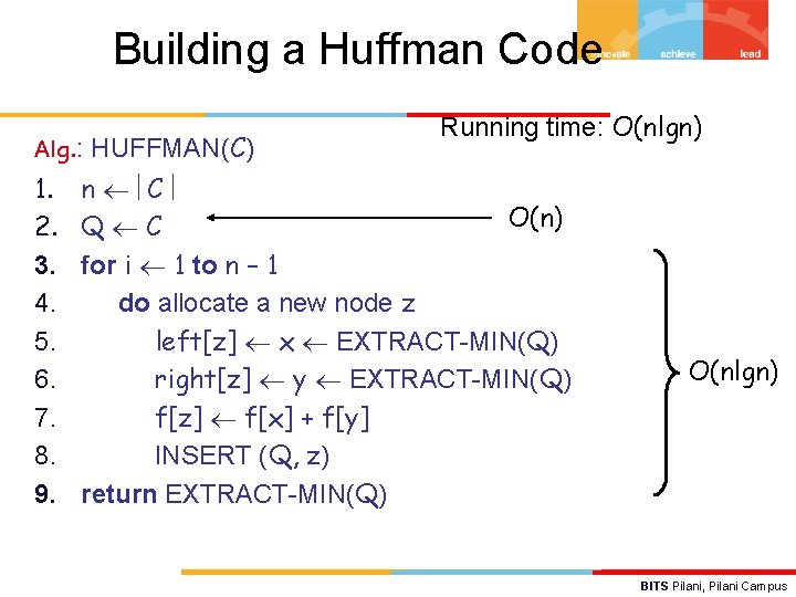 Building a Huffman Code Alg. : HUFFMAN(C) 1. 2. 3. 4. 5. 6. 7.