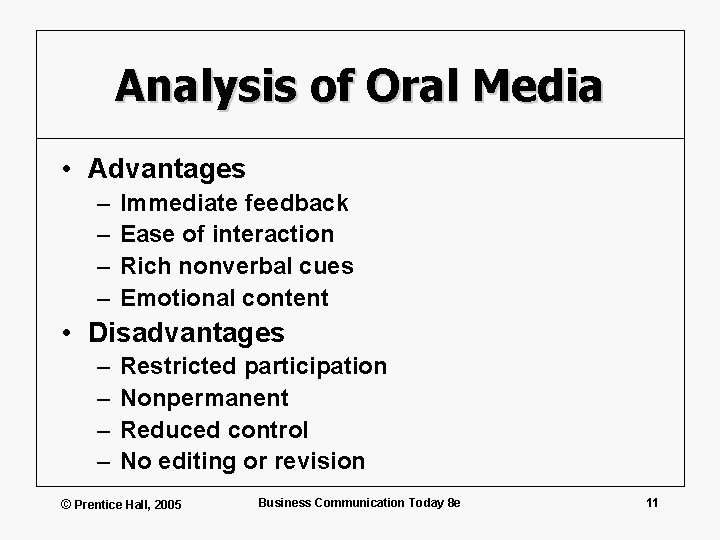 Analysis of Oral Media • Advantages – – Immediate feedback Ease of interaction Rich