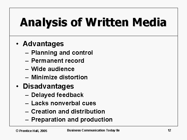 Analysis of Written Media • Advantages – – Planning and control Permanent record Wide