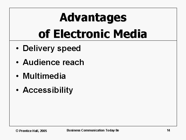 Advantages of Electronic Media • Delivery speed • Audience reach • Multimedia • Accessibility