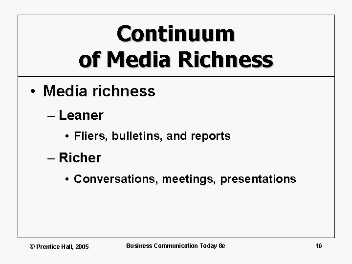Continuum of Media Richness • Media richness – Leaner • Fliers, bulletins, and reports