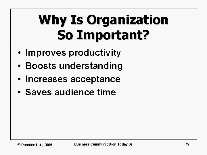 Why Is Organization So Important? • • Improves productivity Boosts understanding Increases acceptance Saves