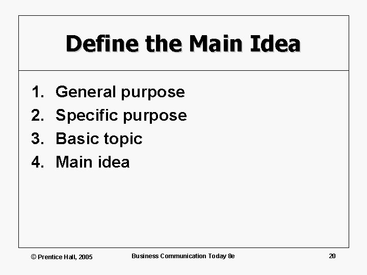 Define the Main Idea 1. 2. 3. 4. General purpose Specific purpose Basic topic