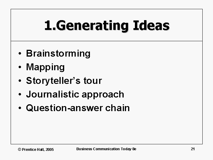 1. Generating Ideas • • • Brainstorming Mapping Storyteller’s tour Journalistic approach Question-answer chain