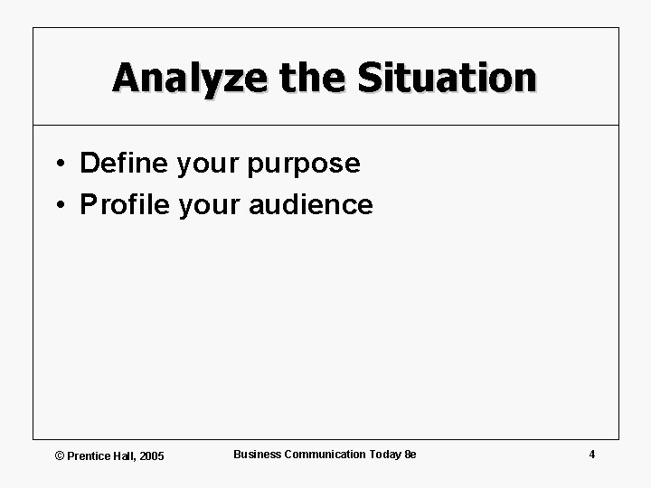 Analyze the Situation • Define your purpose • Profile your audience © Prentice Hall,