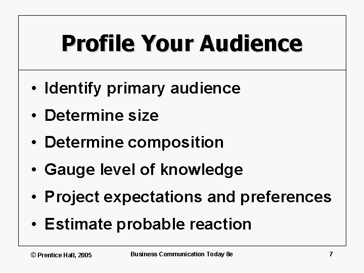 Profile Your Audience • Identify primary audience • Determine size • Determine composition •