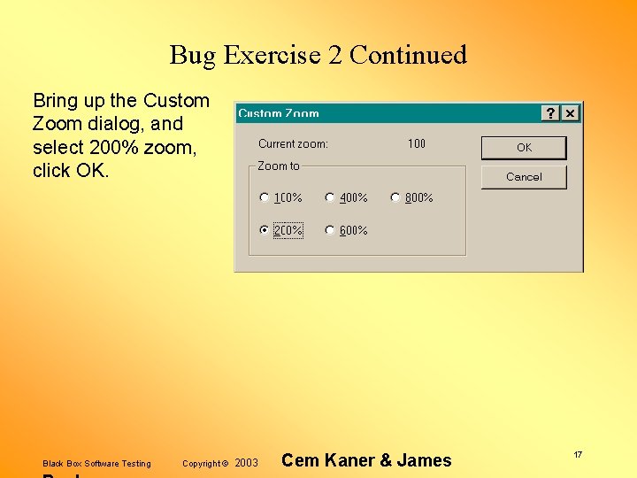 Bug Exercise 2 Continued Bring up the Custom Zoom dialog, and select 200% zoom,