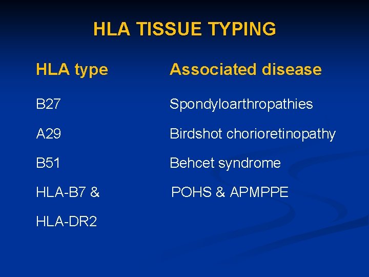 HLA TISSUE TYPING HLA type Associated disease B 27 Spondyloarthropathies A 29 Birdshot chorioretinopathy