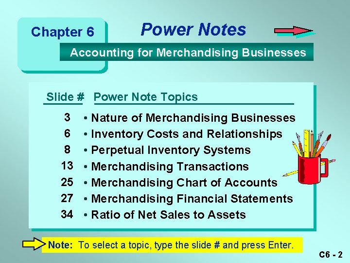 Chapter 6 Power Notes Accounting for Merchandising Businesses Slide # Power Note Topics 3