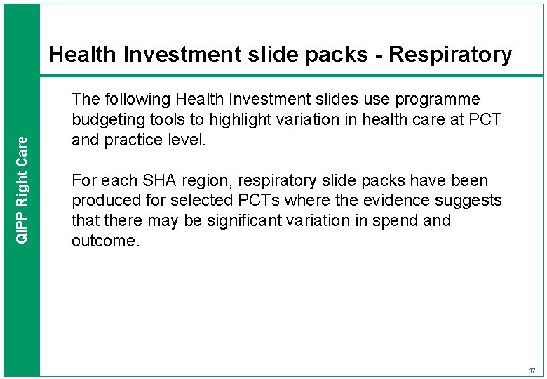 QIPP Right Care Health Investment slide packs - Respiratory The following Health Investment slides