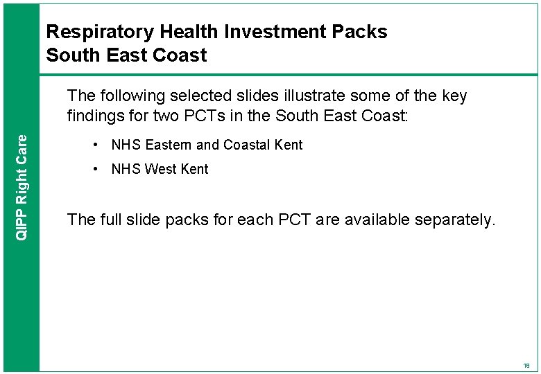 Respiratory Health Investment Packs South East Coast QIPP Right Care The following selected slides