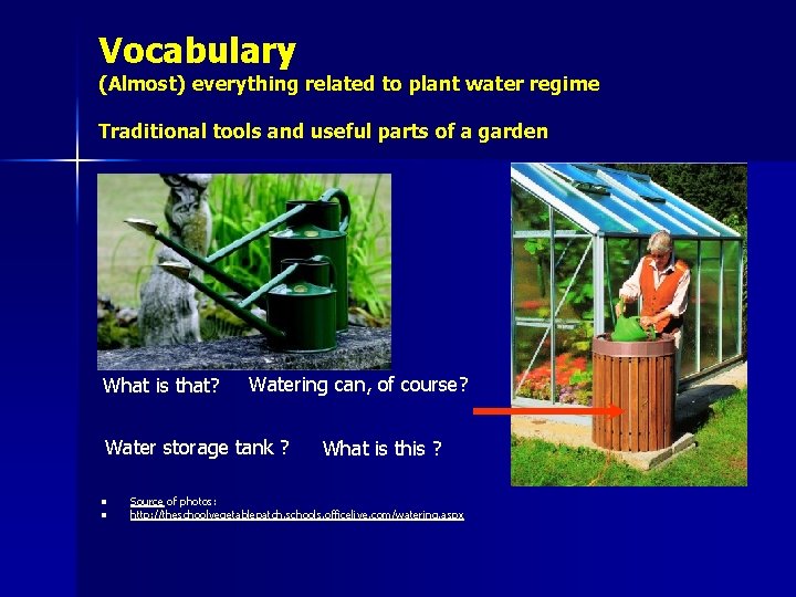 Vocabulary (Almost) everything related to plant water regime Traditional tools and useful parts of