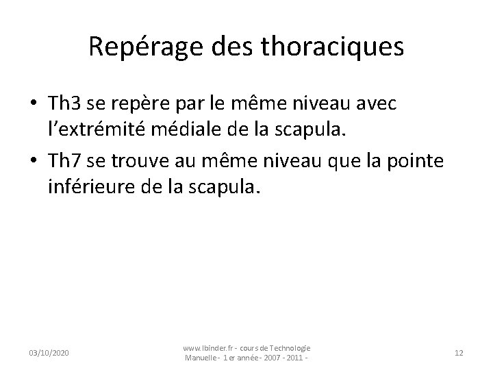 Repérage des thoraciques • Th 3 se repère par le même niveau avec l’extrémité