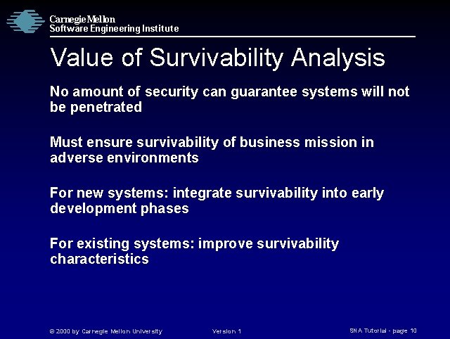 Carnegie Mellon Software Engineering Institute Value of Survivability Analysis No amount of security can