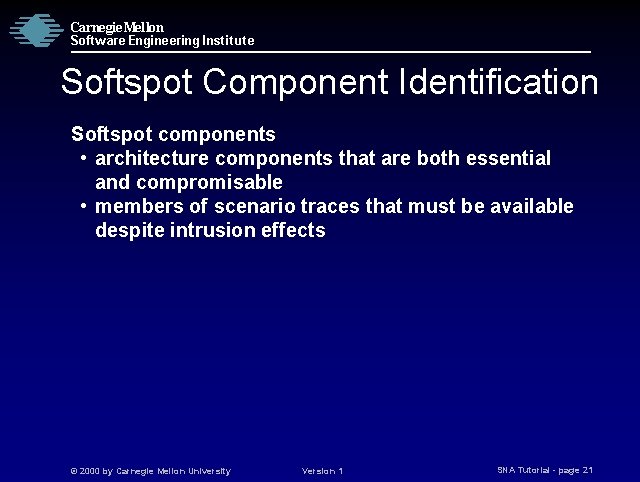 Carnegie Mellon Software Engineering Institute Softspot Component Identification Softspot components • architecture components that