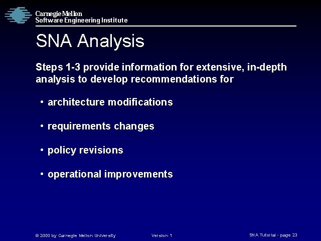 Carnegie Mellon Software Engineering Institute SNA Analysis Steps 1 -3 provide information for extensive,