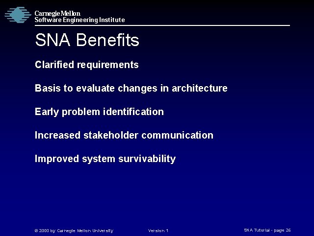 Carnegie Mellon Software Engineering Institute SNA Benefits Clarified requirements Basis to evaluate changes in