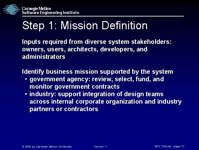 Carnegie Mellon Software Engineering Institute Step 1: Mission Definition Inputs required from diverse system