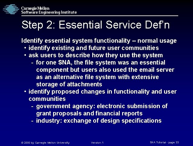 Carnegie Mellon Software Engineering Institute Step 2: Essential Service Def’n Identify essential system functionality