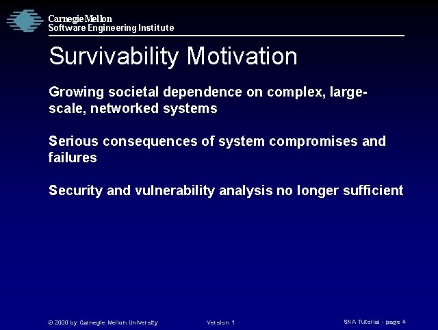 Carnegie Mellon Software Engineering Institute Survivability Motivation Growing societal dependence on complex, largescale, networked