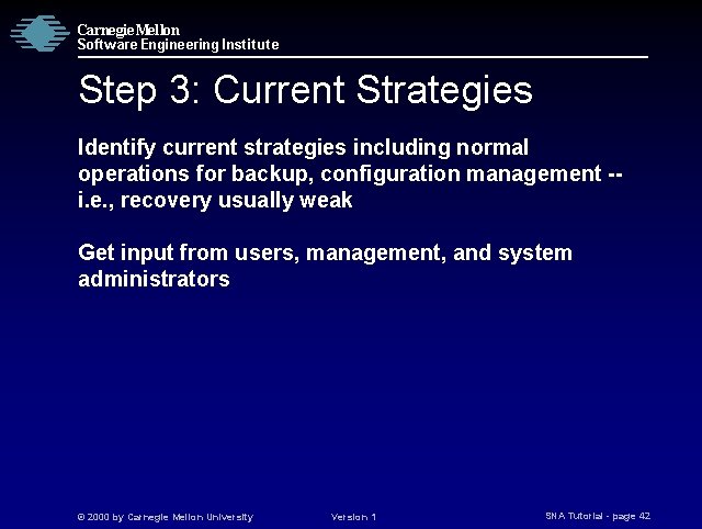 Carnegie Mellon Software Engineering Institute Step 3: Current Strategies Identify current strategies including normal