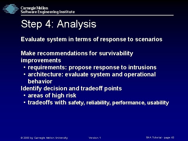 Carnegie Mellon Software Engineering Institute Step 4: Analysis Evaluate system in terms of response