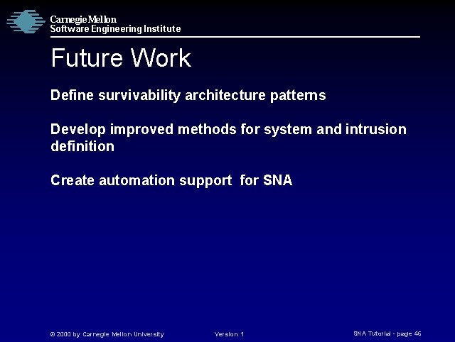 Carnegie Mellon Software Engineering Institute Future Work Define survivability architecture patterns Develop improved methods