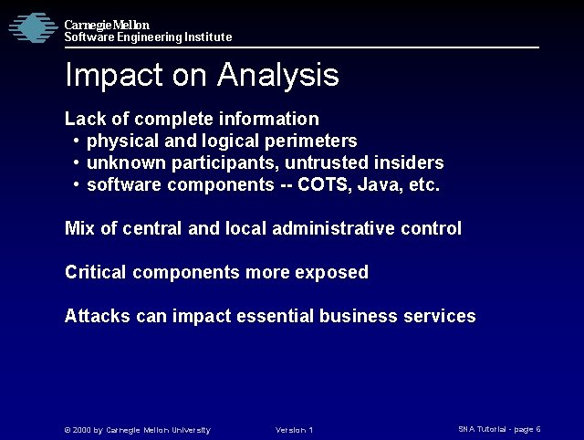 Carnegie Mellon Software Engineering Institute Impact on Analysis Lack of complete information • physical