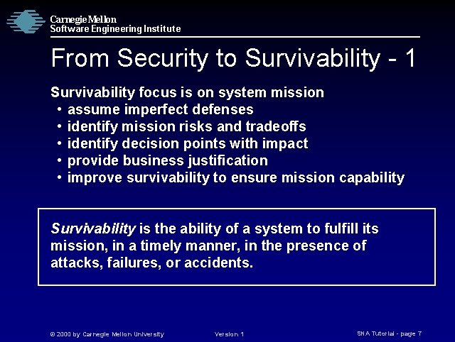 Carnegie Mellon Software Engineering Institute From Security to Survivability - 1 Survivability focus is