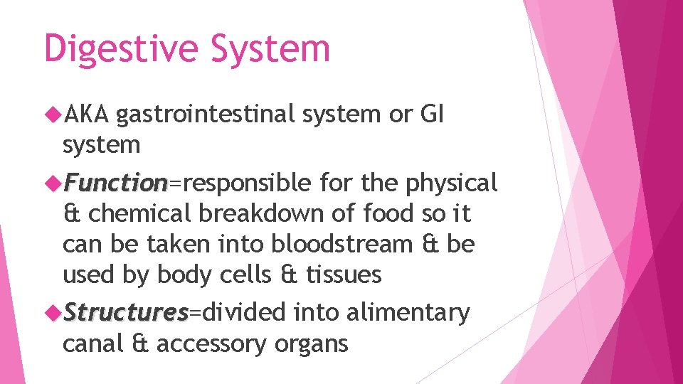 Digestive System AKA gastrointestinal system or GI system Function=responsible for the physical Function &