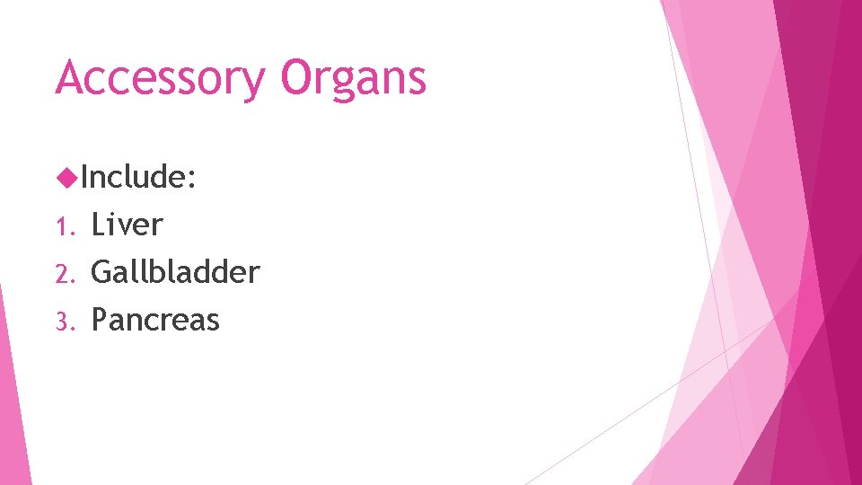 Accessory Organs Include: Liver 2. Gallbladder 3. Pancreas 1. 