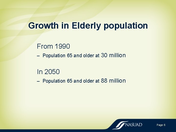 Growth in Elderly population From 1990 – Population 65 and older at 30 million