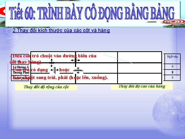 2. Thay đổi kích thước của các cột và hàng - Đưa con. Môn