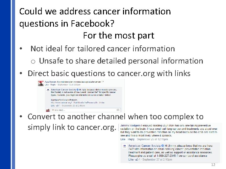 Could we address cancer information questions in Facebook? For the most part • Not