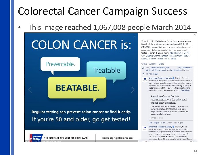 Colorectal Cancer Campaign Success • This image reached 1, 067, 008 people March 2014