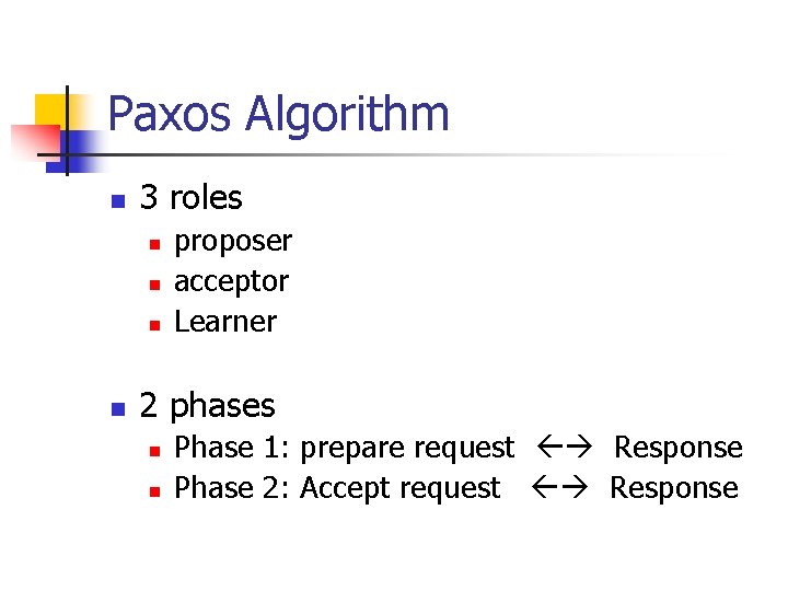 Paxos Algorithm n 3 roles n n proposer acceptor Learner 2 phases n n
