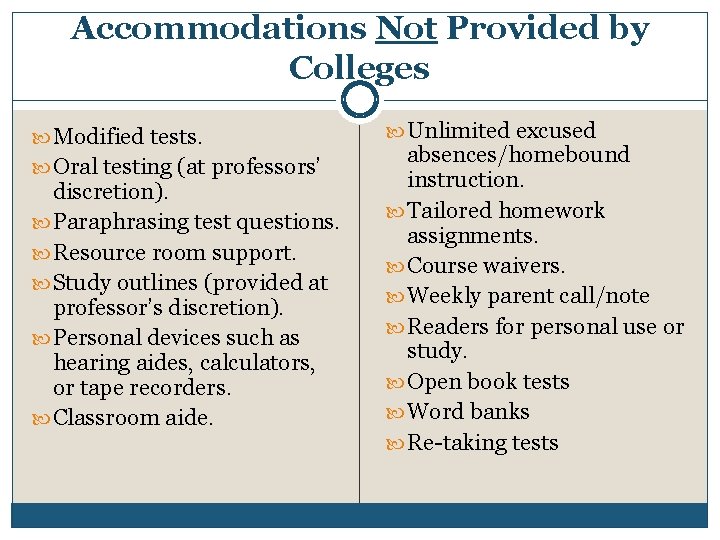 Accommodations Not Provided by Colleges Modified tests. Oral testing (at professors’ discretion). Paraphrasing test