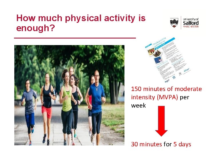 How much physical activity is enough? 150 minutes of moderate intensity (MVPA) per week