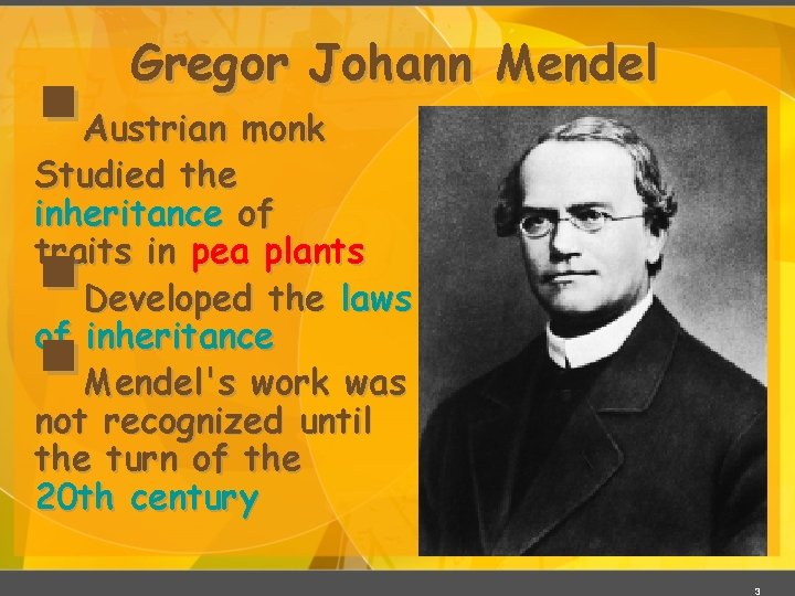 § Gregor Johann Mendel Austrian monk Studied the inheritance of traits in pea plants