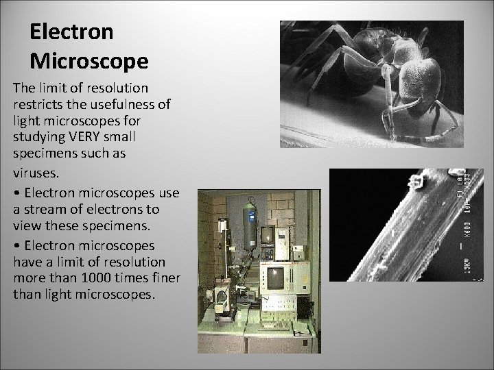 Electron Microscope The limit of resolution restricts the usefulness of light microscopes for studying