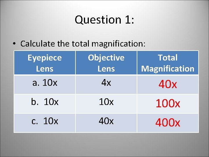 Question 1: • Calculate the total magnification: Eyepiece Objective Total Lens Magnification a. 10