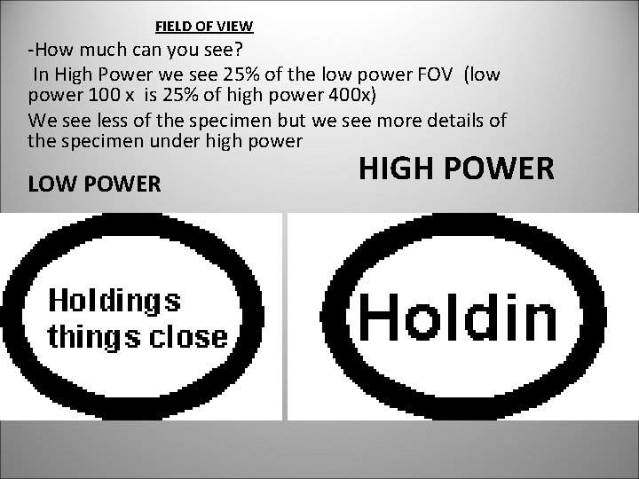 FIELD OF VIEW -How much can you see? In High Power we see 25%