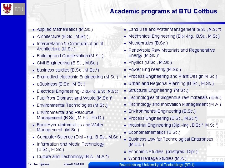 Academic programs at BTU Cottbus n Applied Mathematics (M. Sc. ) n Land Use