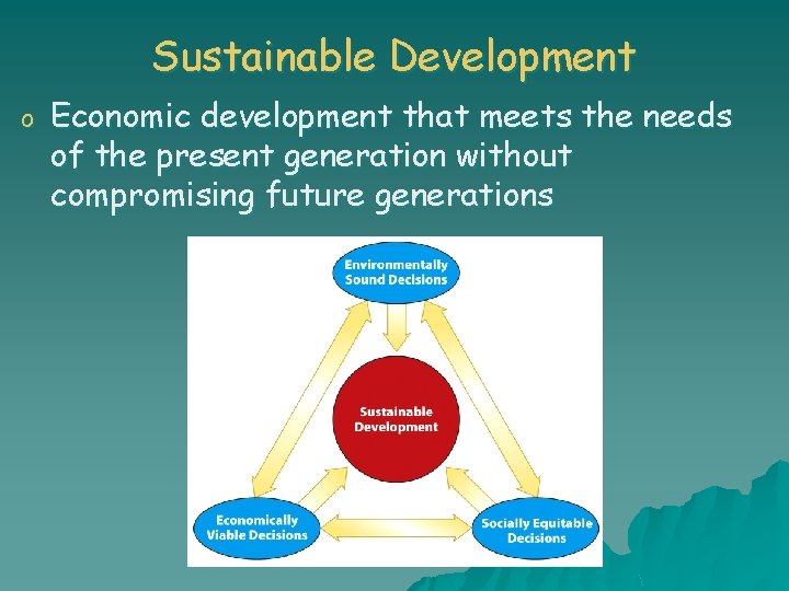 Sustainable Development o Economic development that meets the needs of the present generation without