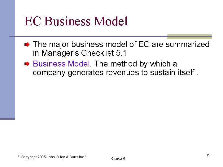 EC Business Model The major business model of EC are summarized in Manager’s Checklist