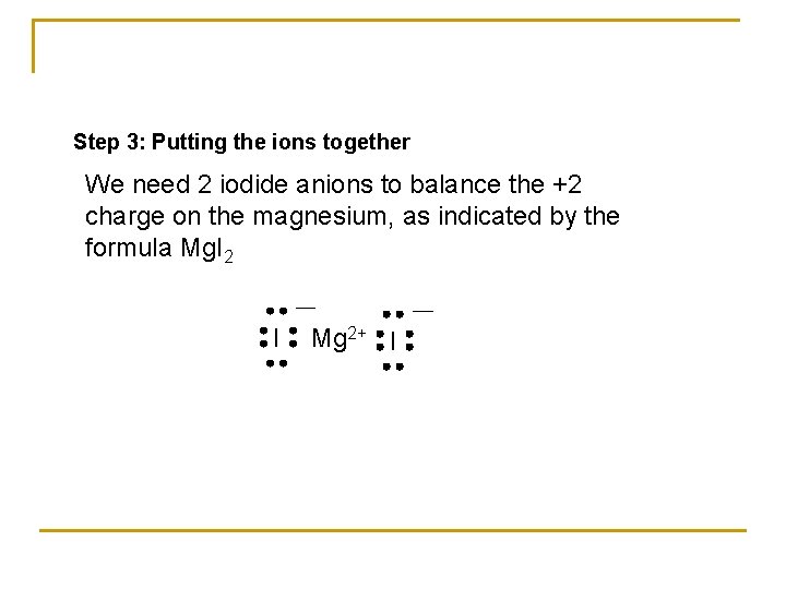 Step 3: Putting the ions together We need 2 iodide anions to balance the