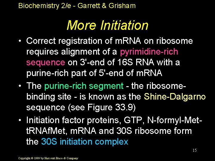 Biochemistry 2/e - Garrett & Grisham More Initiation • Correct registration of m. RNA