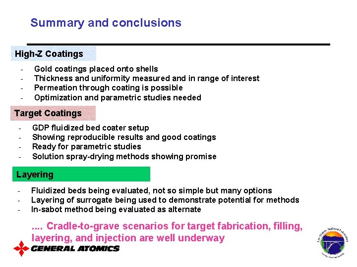 Summary and conclusions High-Z Coatings - Gold coatings placed onto shells Thickness and uniformity