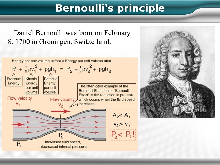 Bernoulli's principle Daniel Bernoulli was born on February 8, 1700 in Groningen, Switzerland. 