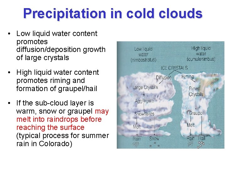 Precipitation in cold clouds • Low liquid water content promotes diffusion/deposition growth of large